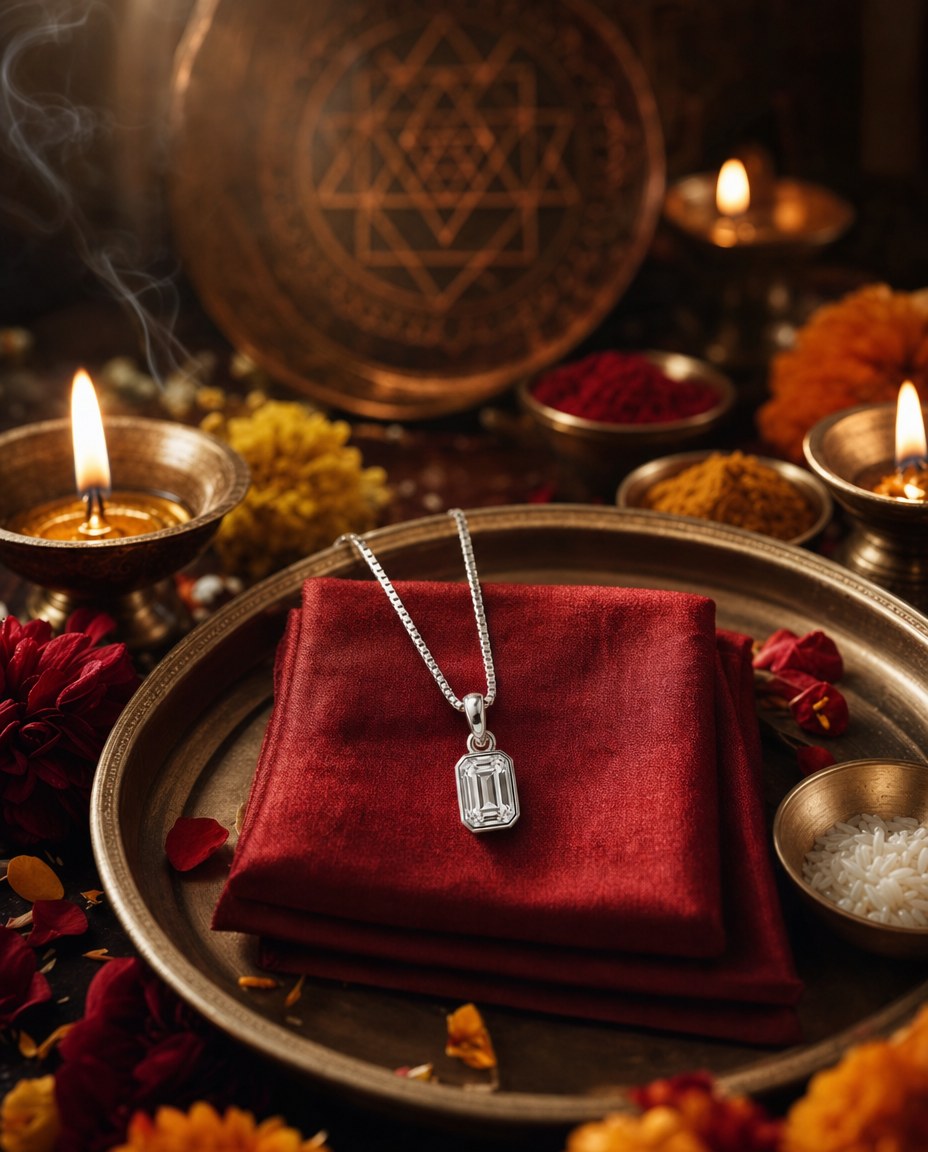 Mohini Maha-Anushthan silver pendant enthroned on a traditional pooja altar with yantra and diyas — Dharmikstone