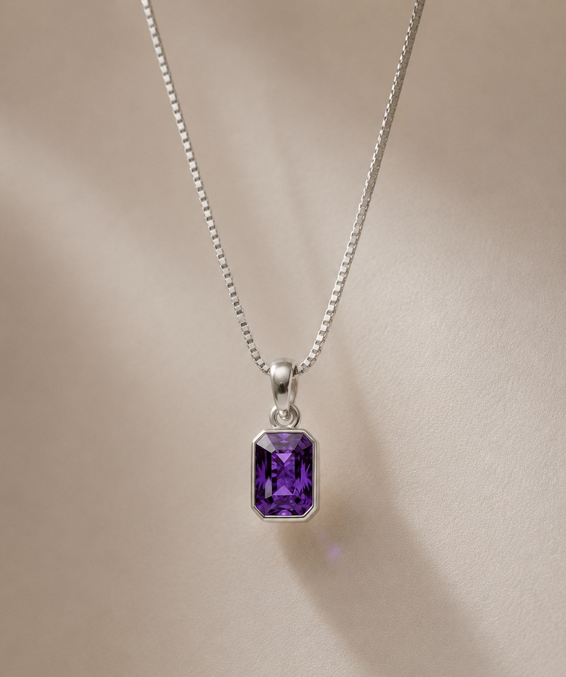 Silver Trishakti Pendant with deep-purple amethyst on silver box chain — Dharmikstone